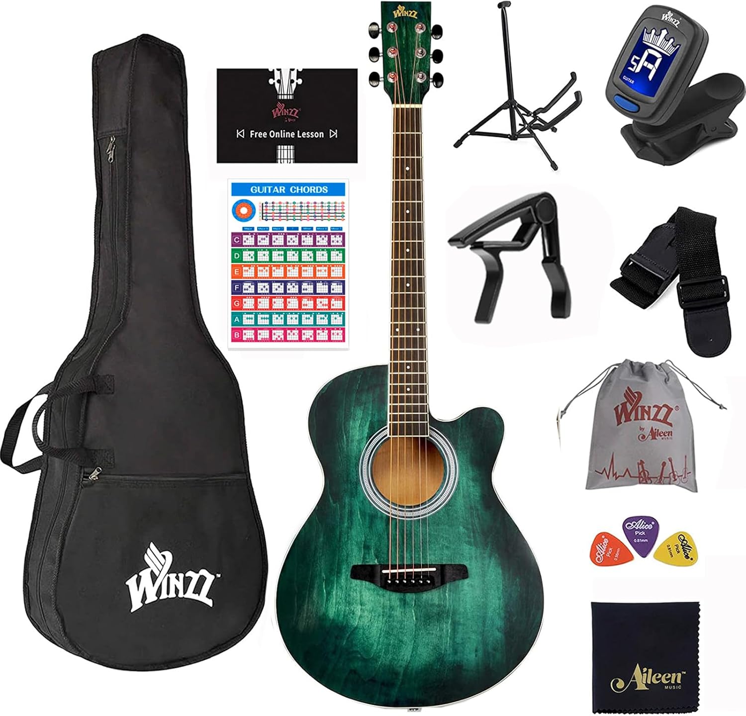 WINZZ 40 Cutaway Acoustic Guitar Bundle - Online Lessons Included!