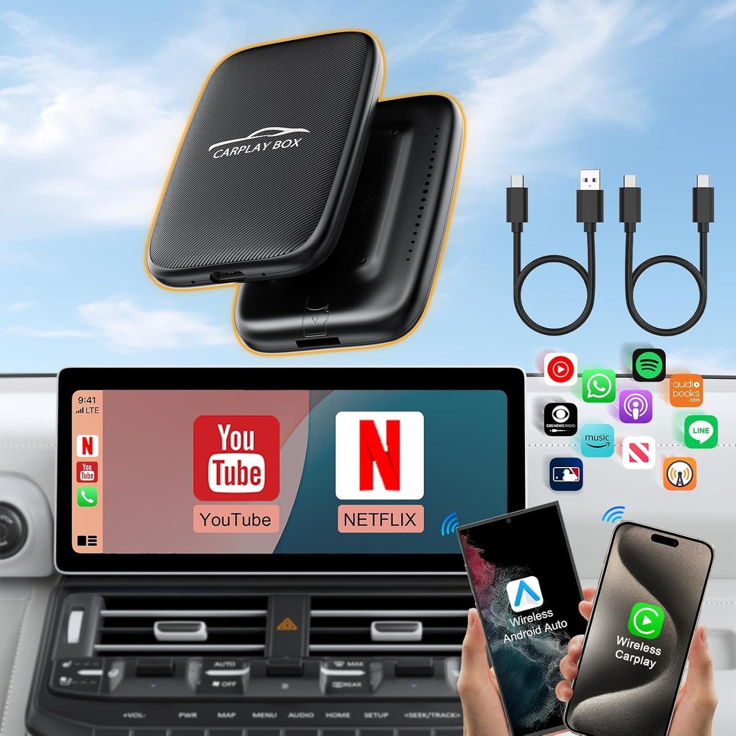 Wireless Carplay & Android Auto Adapter with Built-in Netflix