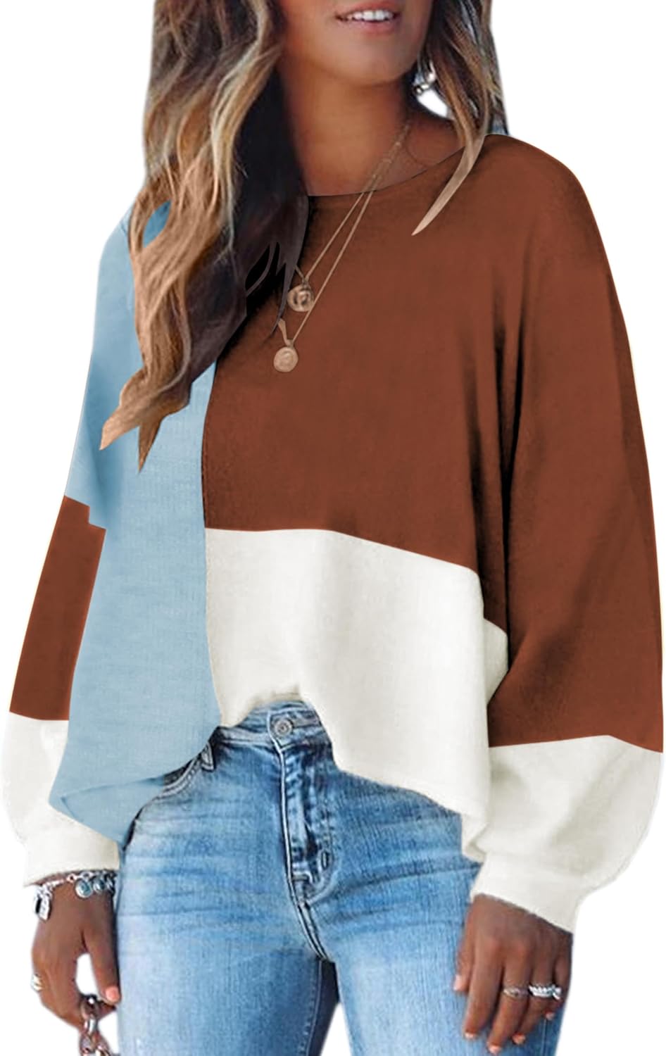 ECOWISH Women Sweater Long Sleeve Color Block Knit Pullover