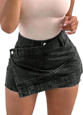Women Denim Mini Skort High Waisted Asymmetrical Stretch - Sexy Fit