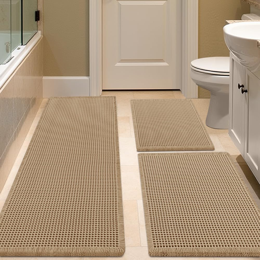 Waffle Bath Mat Set 3 Piece Beige for Modern Bathroom Decor