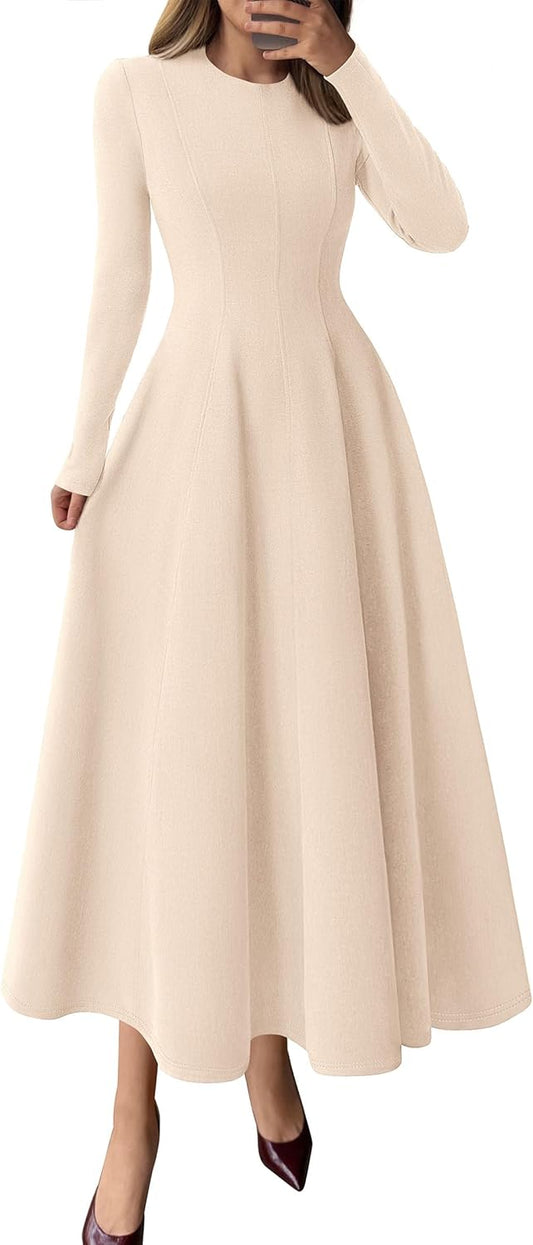 Elegant Classy Fall Long Sleeve Midi A Line Flowy Dress