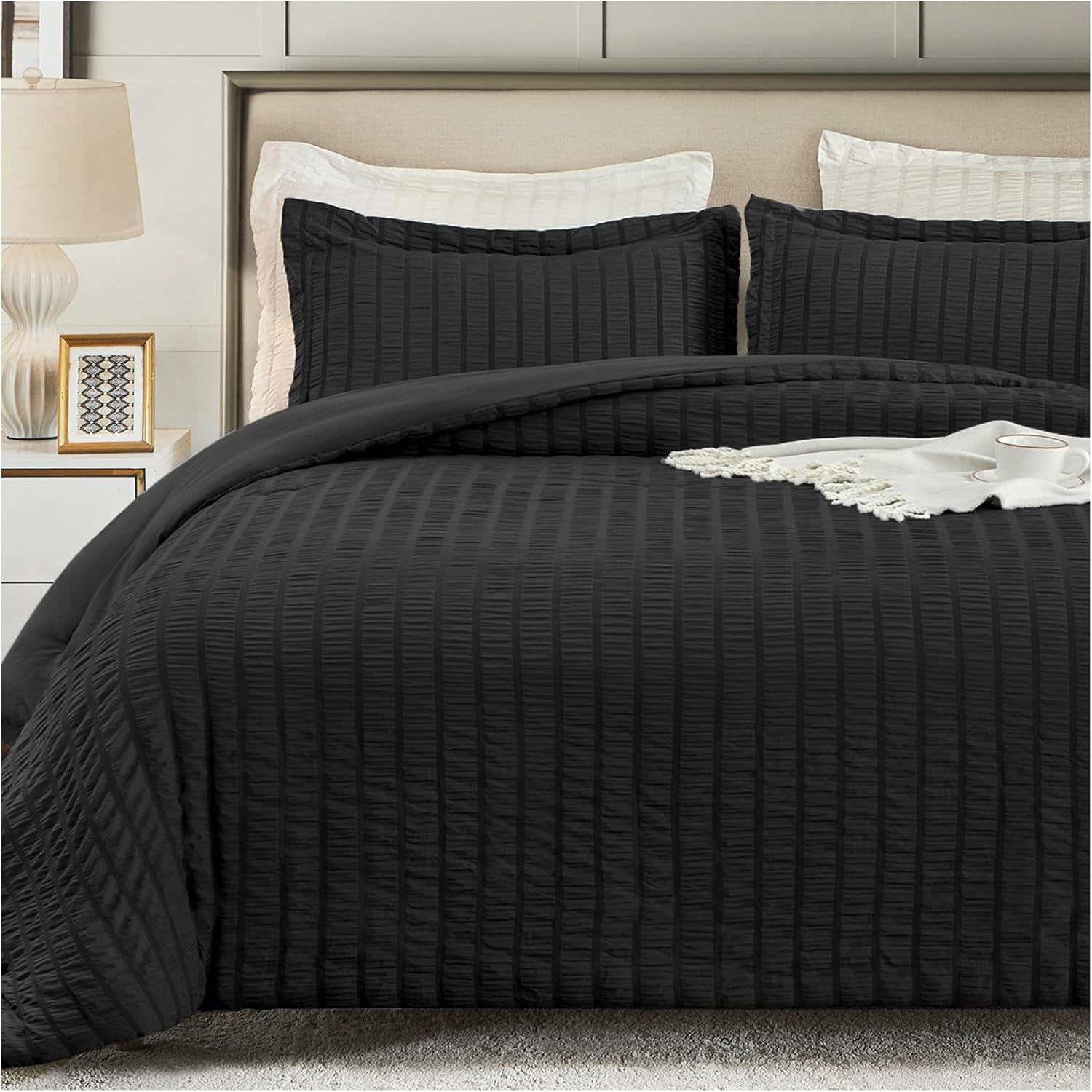 Satisomnia King Comforter Set Black - Soft Seersucker Bedding