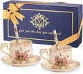 YOLIFE Tea Cups and Saucers Set of 2 - Vintage Floral 8 oz Gift Box