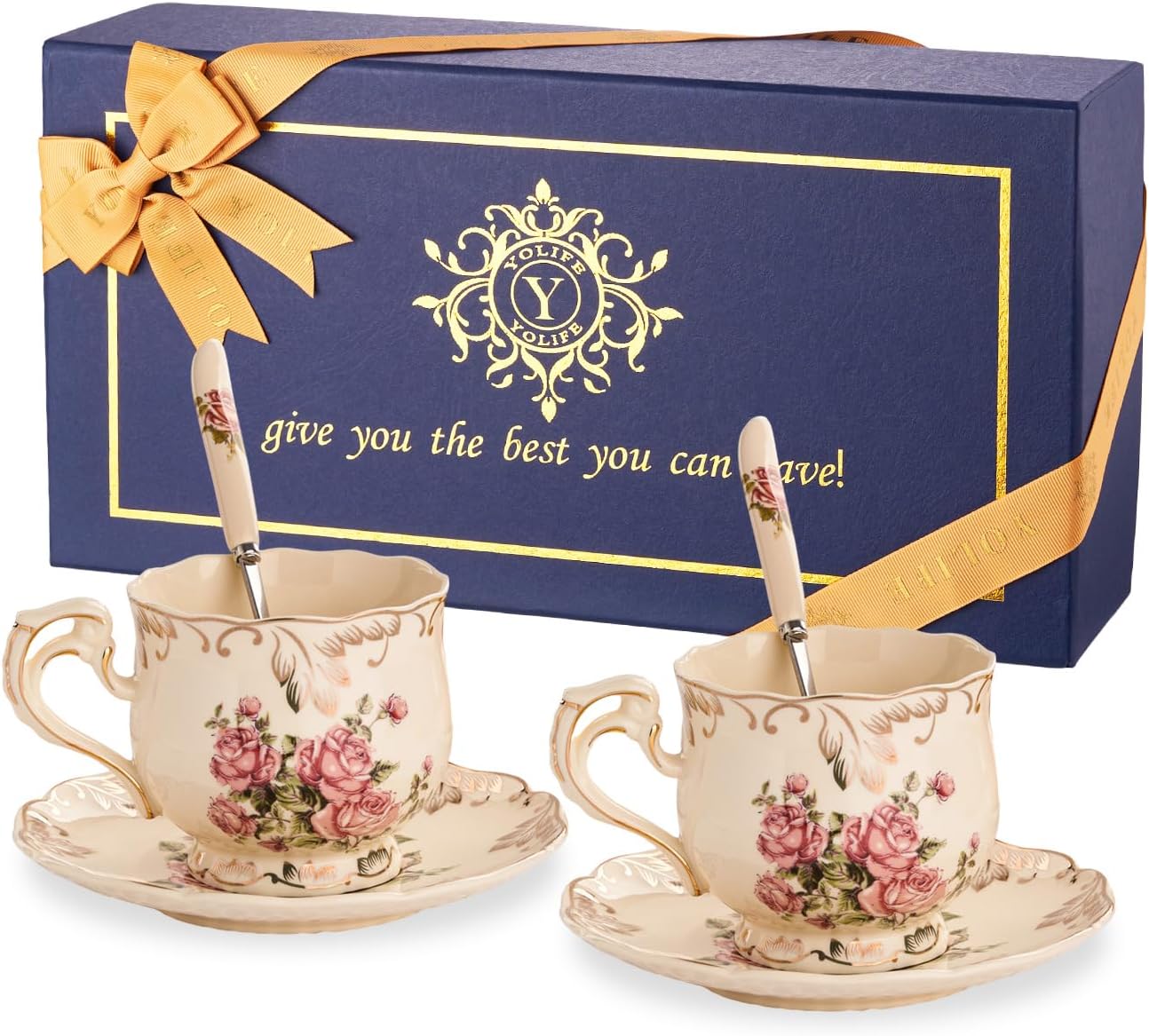 YOLIFE Vintage Ceramic Tea Cups Set with Floral Gold Trim