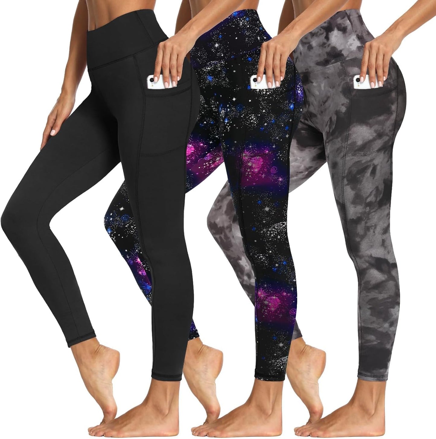 3 Packs Leggings with Pockets for Women - Soft High Waisted