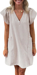 Mieazom Striped V-Neck Mini Dress for Women with Pockets