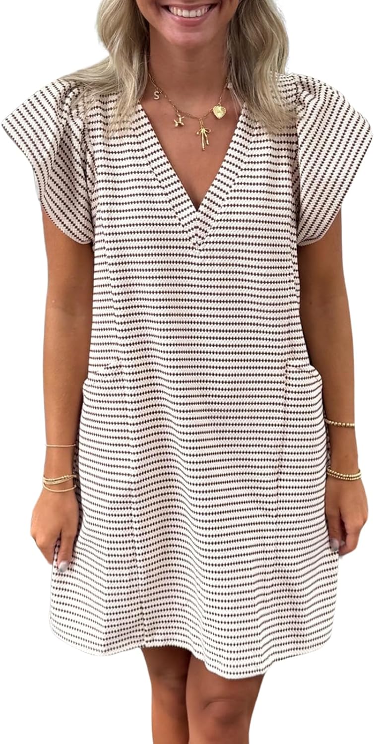 Mieazom Striped V-Neck Mini Dress for Women with Pockets