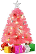PREXTEX 23 Inch Mini Pink Flocked Christmas Tree with Lights