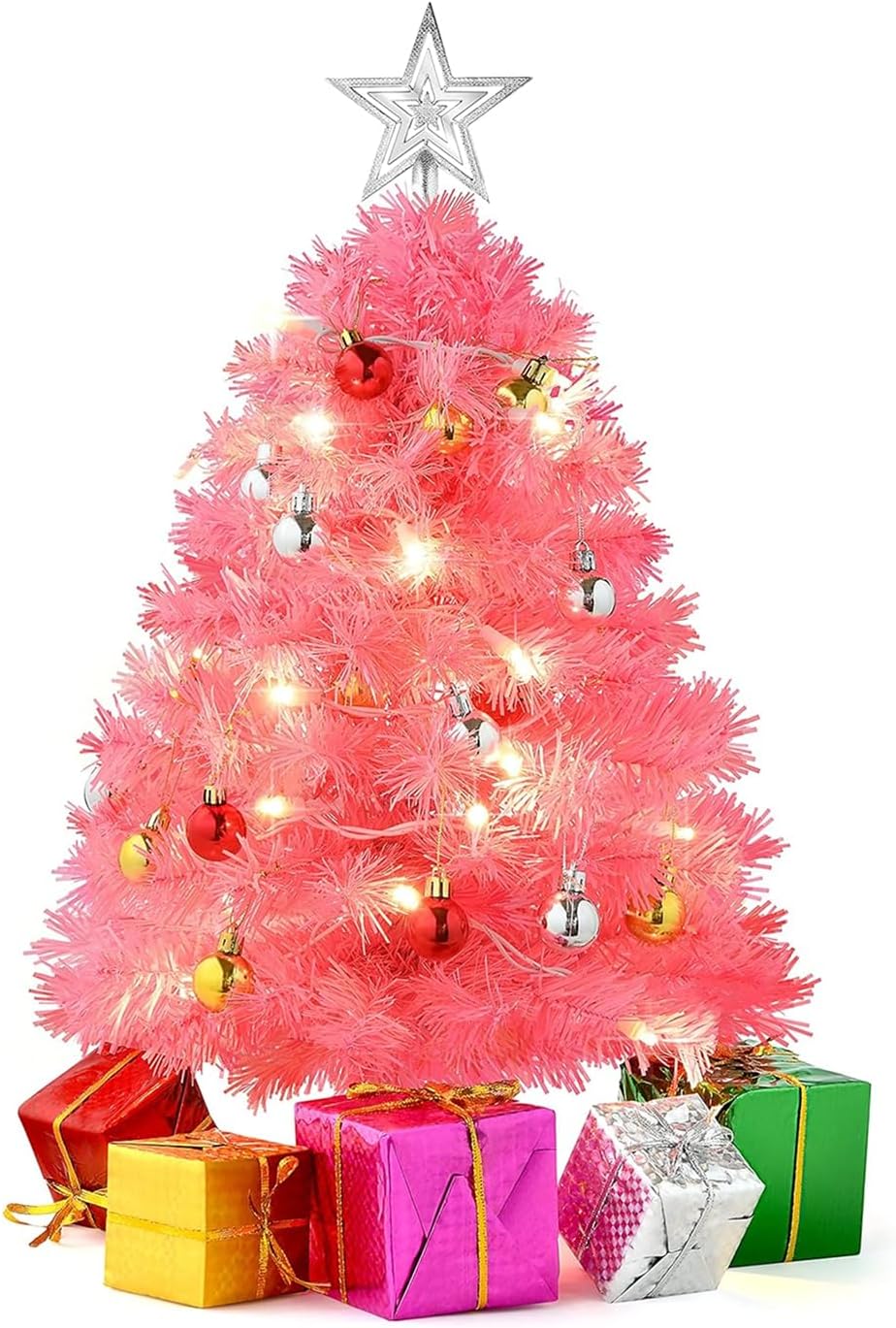 PREXTEX 23 Inch Mini Pink Flocked Christmas Tree with Lights