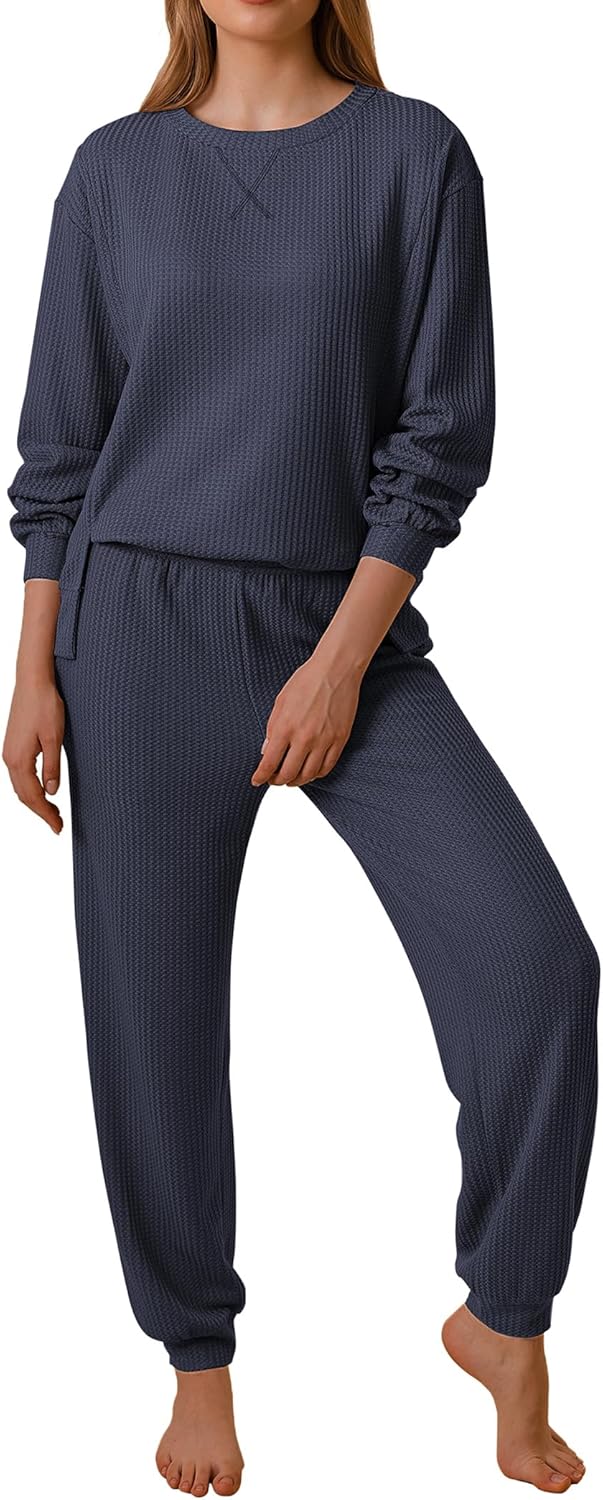Ekouaer Waffle Knit Lounge Sets for Women with Pockets