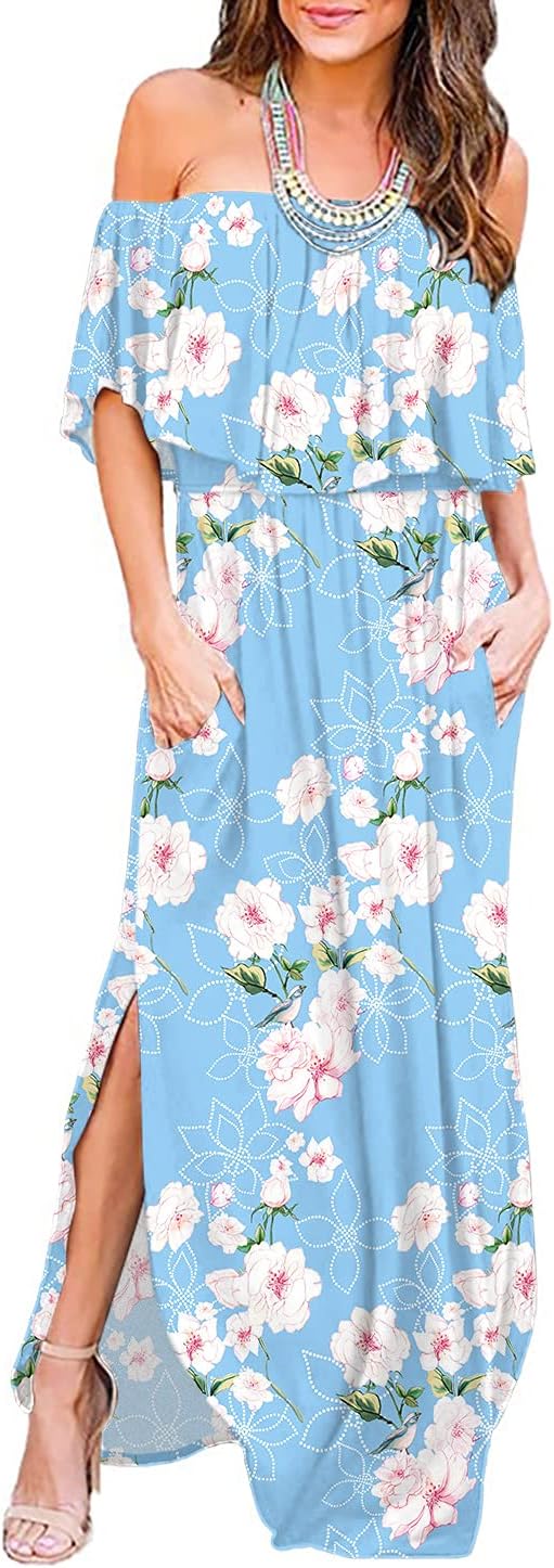 LILBETTER Womens Off The Shoulder Ruffle Maxi Dress Review