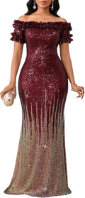 Women Sequin Off Shoulder Ruffle Mermaid Bodycon Dress - Evening
