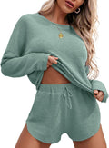 Womens Waffle Knit Pajama Set Long Sleeve Top and Shorts - Cozy