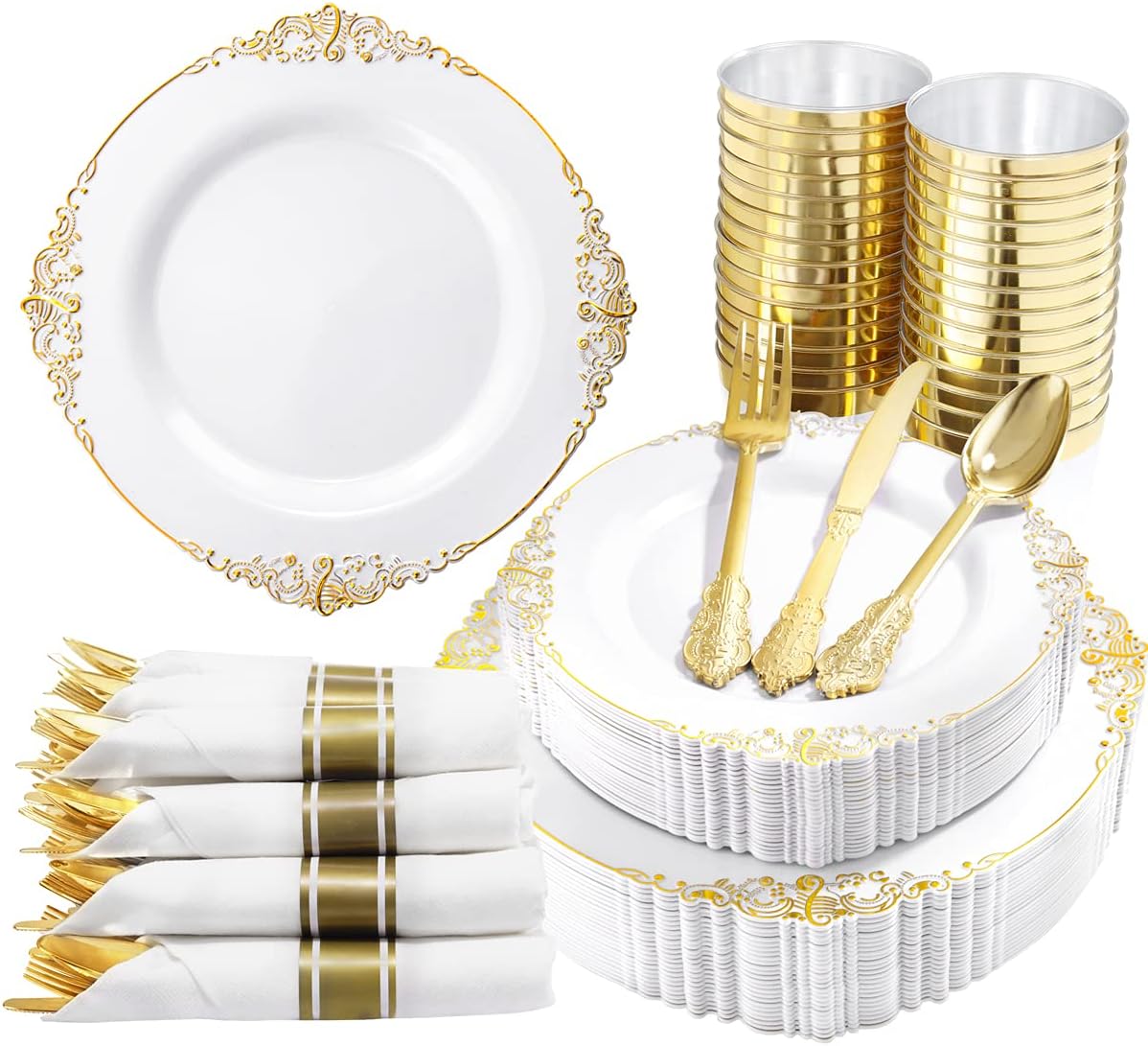 Nervure Gold Plastic Plates Set - Elegant Dinnerware for 50 Guests