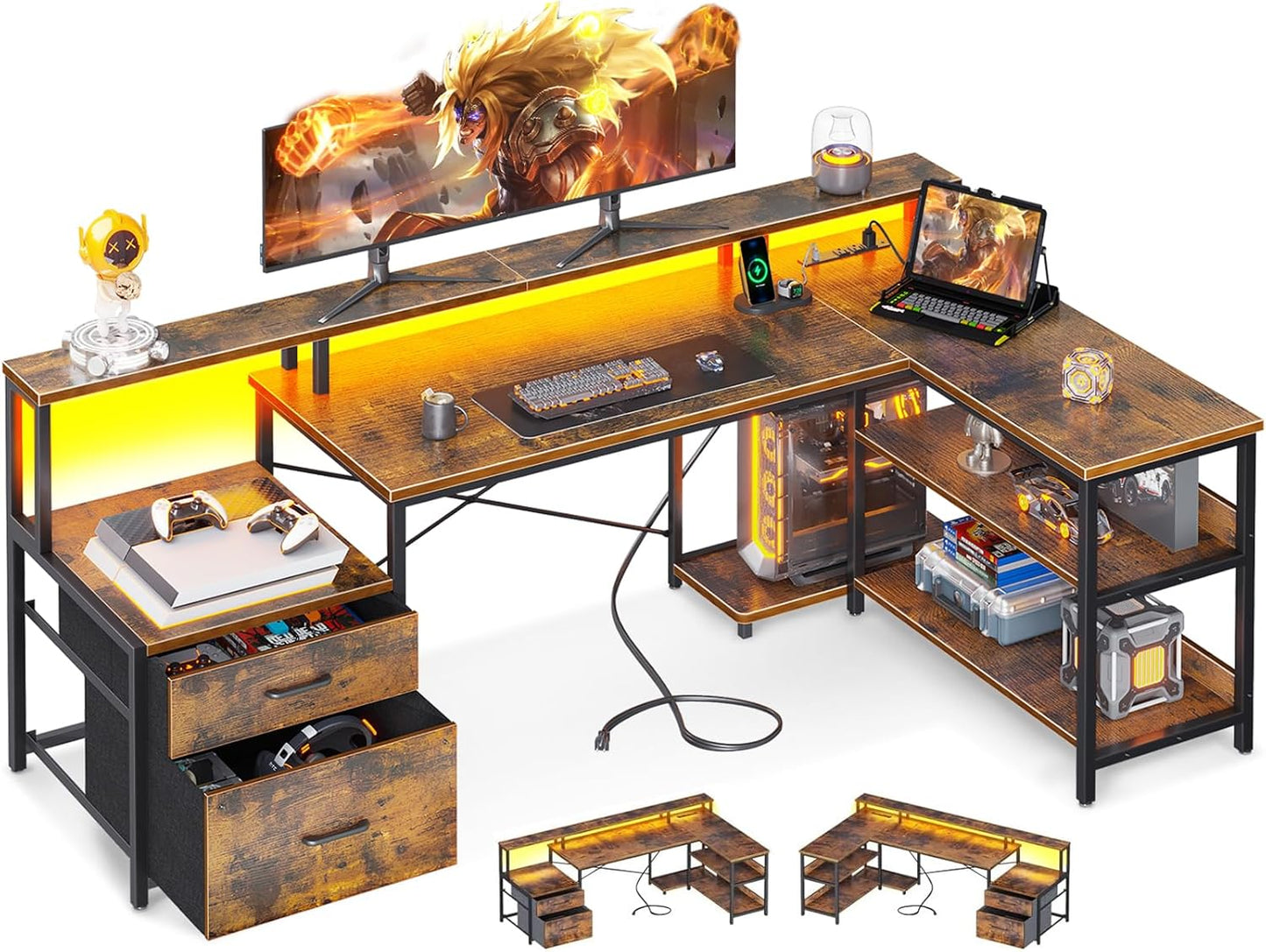 66 Reversible L Shaped Desk, Power Outlet, LED Strip, Storage -Vintage