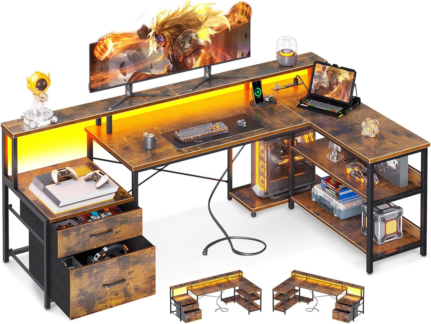 66 Reversible L Shaped Desk, Power Outlet, LED Strip, Storage -Vintage