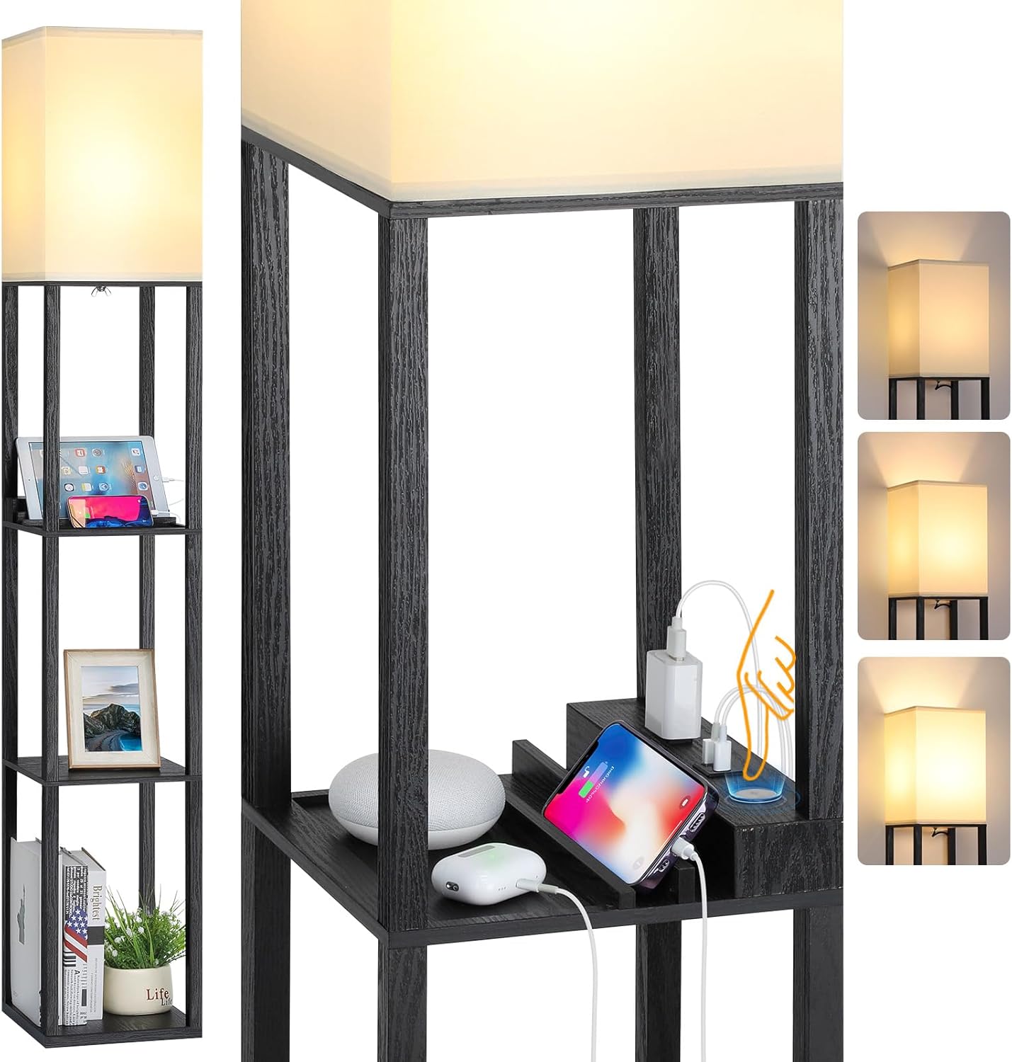 FOLKSMATE LED Shelf Floor Lamp with USB Ports and Dimmable Control
