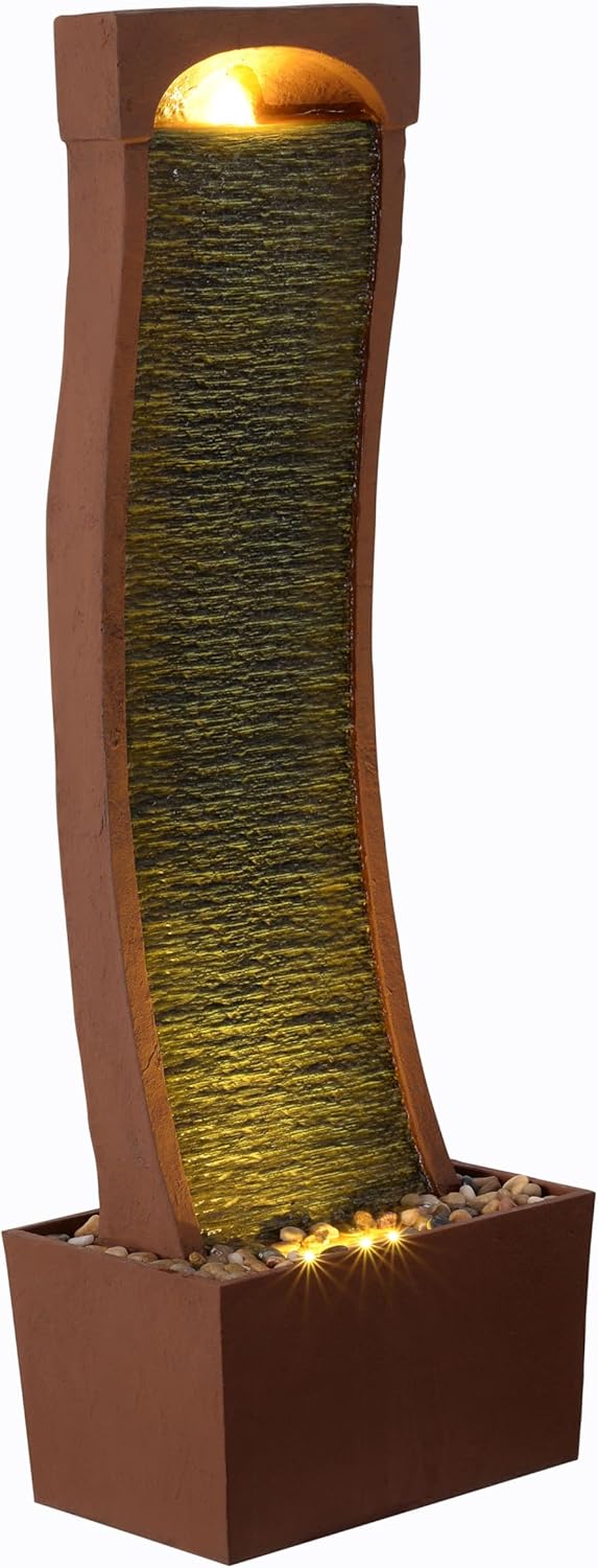 38.5in Indoor/Outdoor Modern Curved Faux Slate Waterfall Fountain