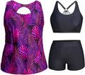 Plus Size Tankini Swimsuit for Women Purple Leaf - 3 Piece Set
