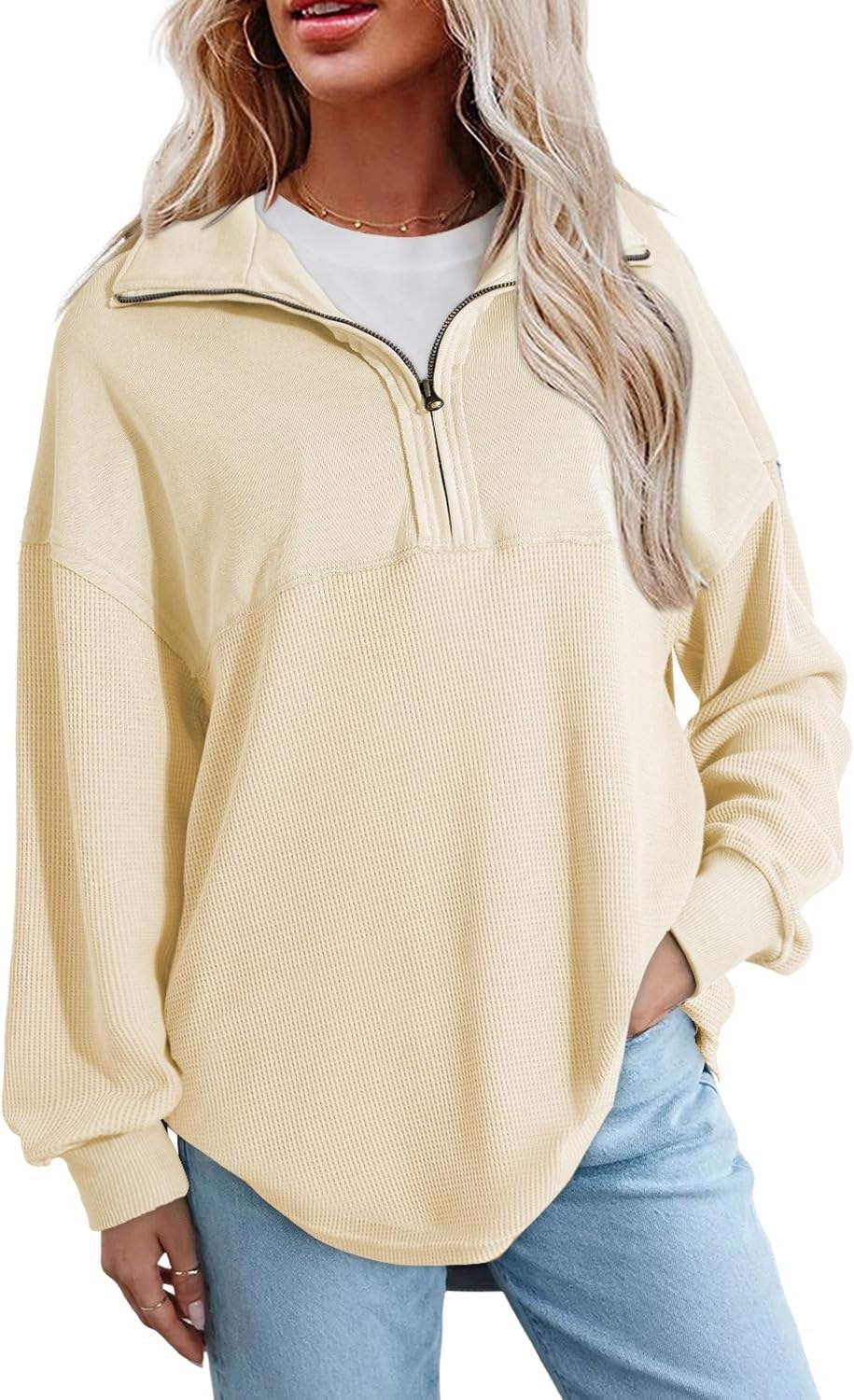 SHEWIN Womens Fall Sweatshirt Casual Waffle Knit Half Zip Pullover