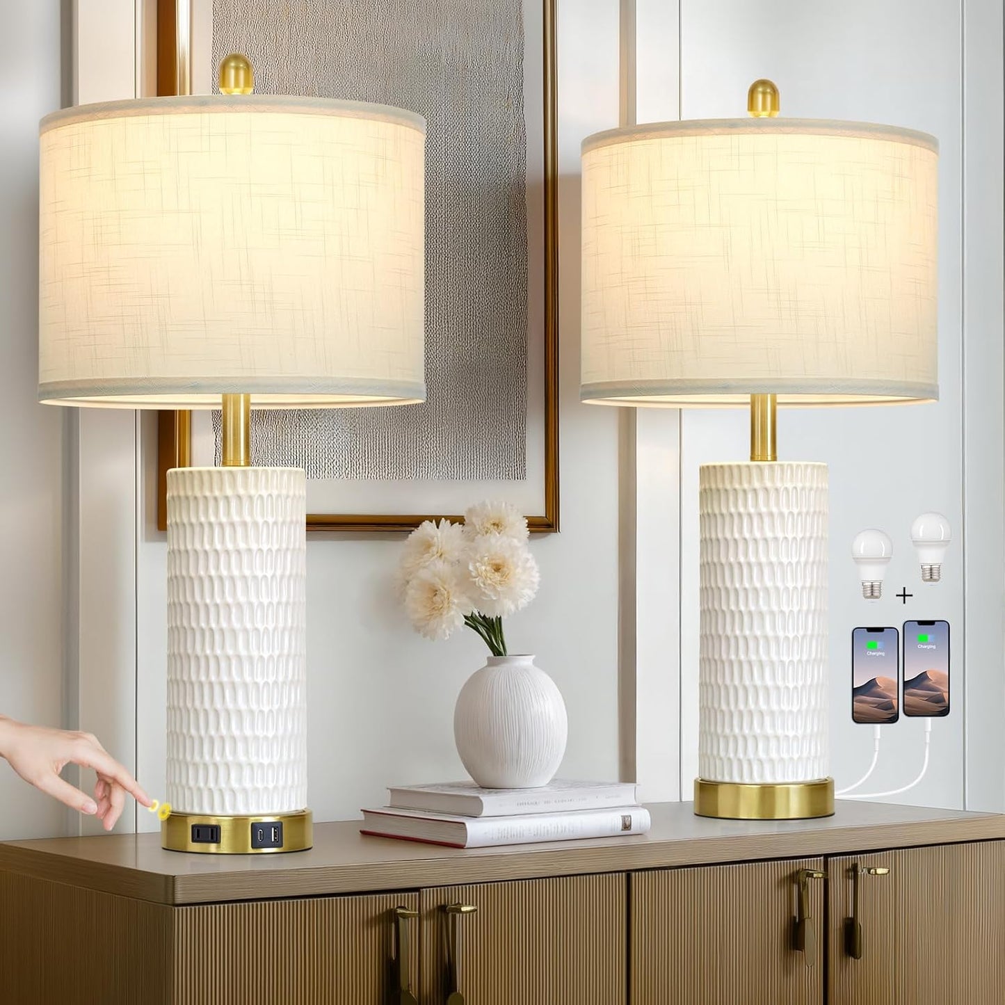 27 Inch White Ceramic Lamps Set of 2 for Living Room Decor