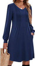 Long Sleeve Pleated V Neck Dress for Women - Casual A-Line Tunic