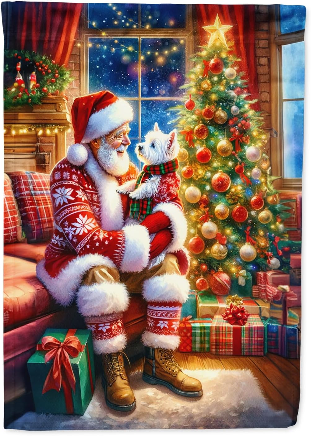Westie and Santa Claus House Flag for Festive Outdoor Decor