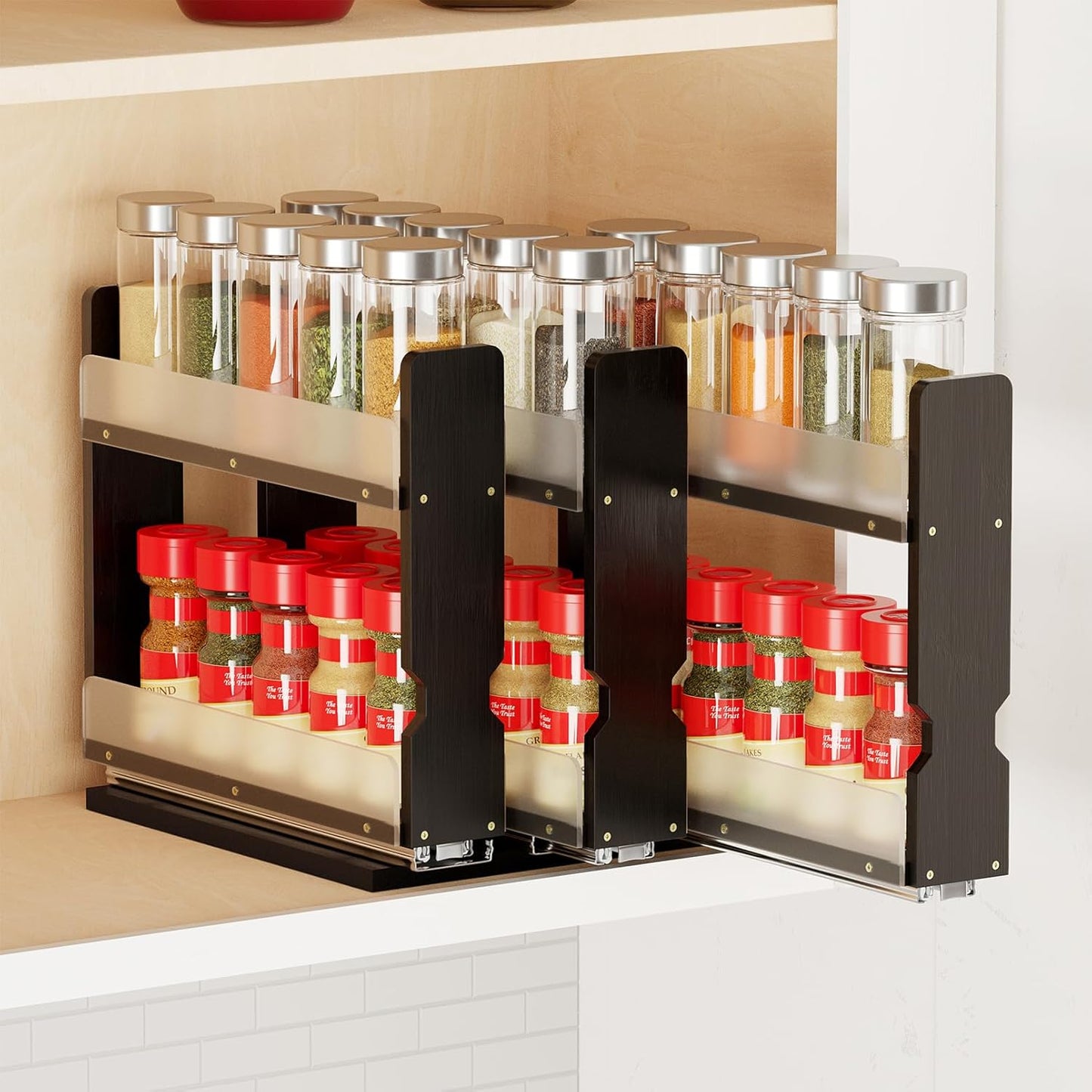 SpaceAid Bamboo Pull Out Spice Rack Organizer for Kitchen Cabinets