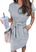 Womens Summer Striped T Shirt Dress with Tie Waist and Pockets
