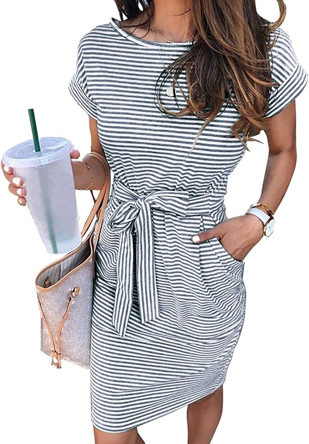 MEROKEETY Women's Summer Striped T Shirt Dress with Pockets