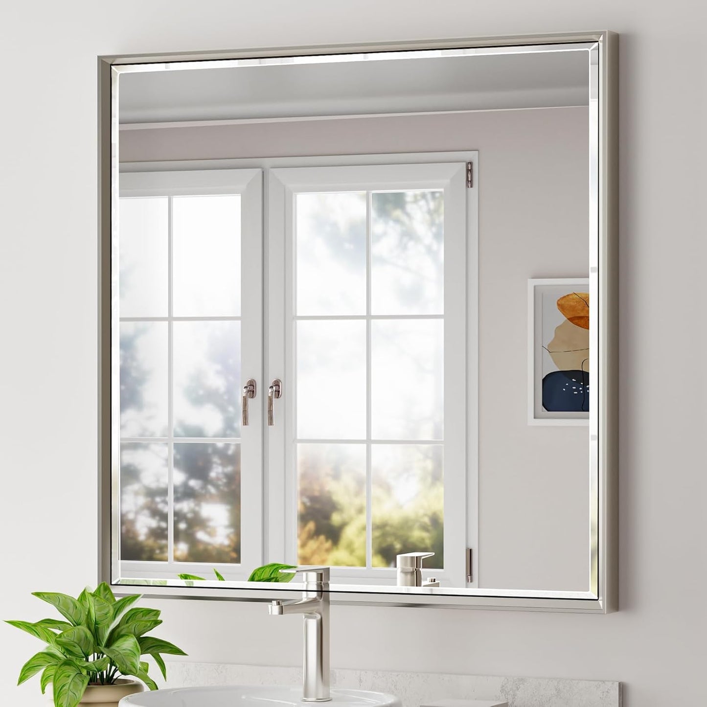 Brushed Nickel Bathroom Mirror with Dual Bevel Edges Design