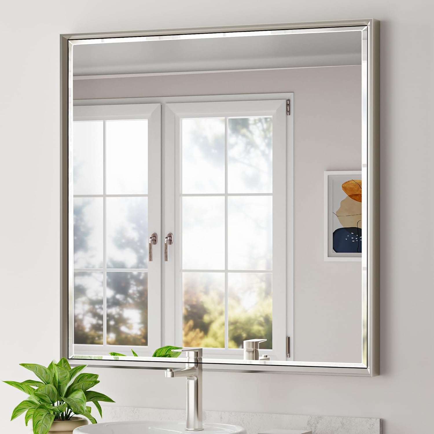 Brushed Nickel Bathroom Mirror with Dual Bevel Edges Design