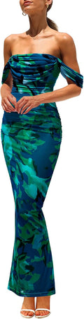 PRETTYGARDEN Floral Maxi Dress Off Shoulder Ruched Bodycon - Elegant