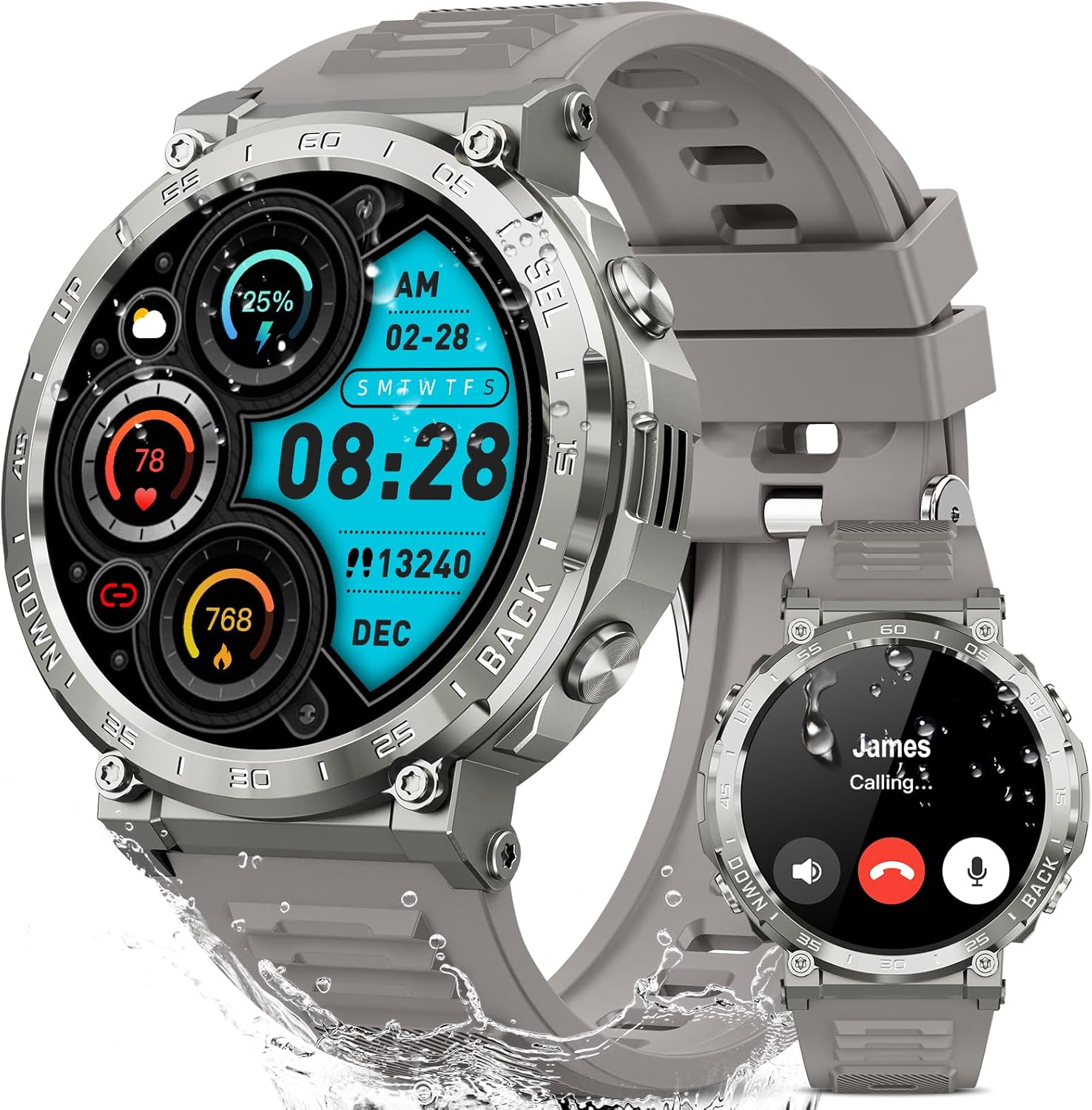Smart Military Watch - Answer Calls, Track Sleep, IPX8 Waterproof (Black)