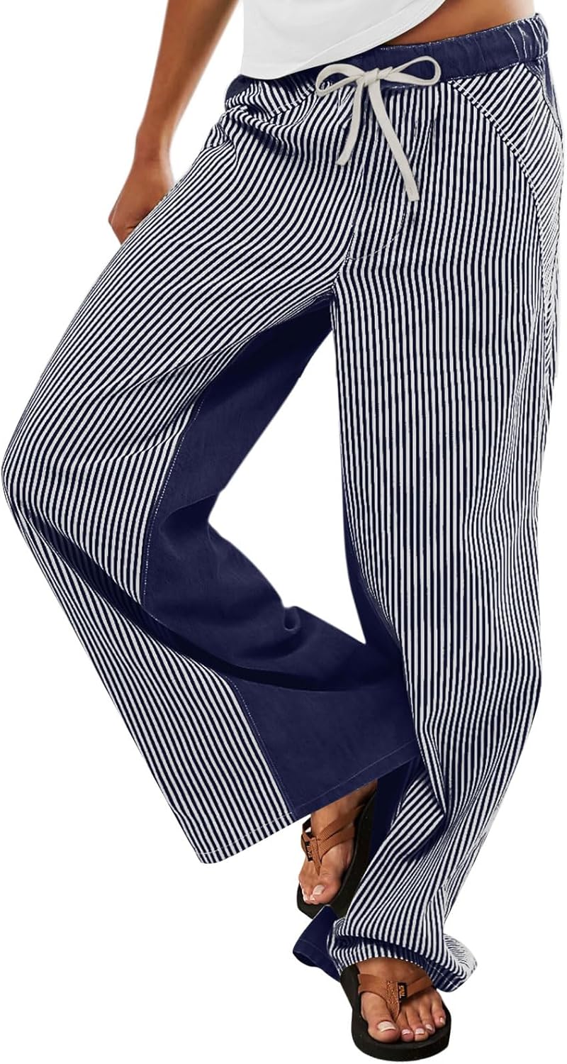 Low Rise Striped Pants for Women Boho Wide Leg Jeans Trendy