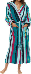 Long Plush Hooded Robe for Women - XL Aqua Green Striped