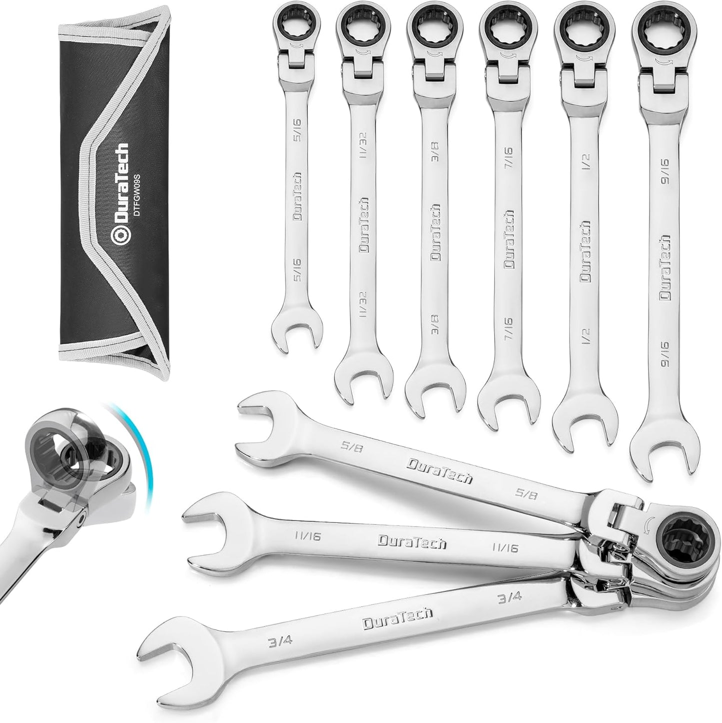 DURATECH 9-Piece Flex-Head Ratcheting Wrench Set for Professionals