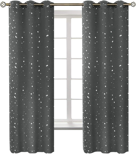 Kids Blackout Curtains for Bedroom - Silver Star Print Panels