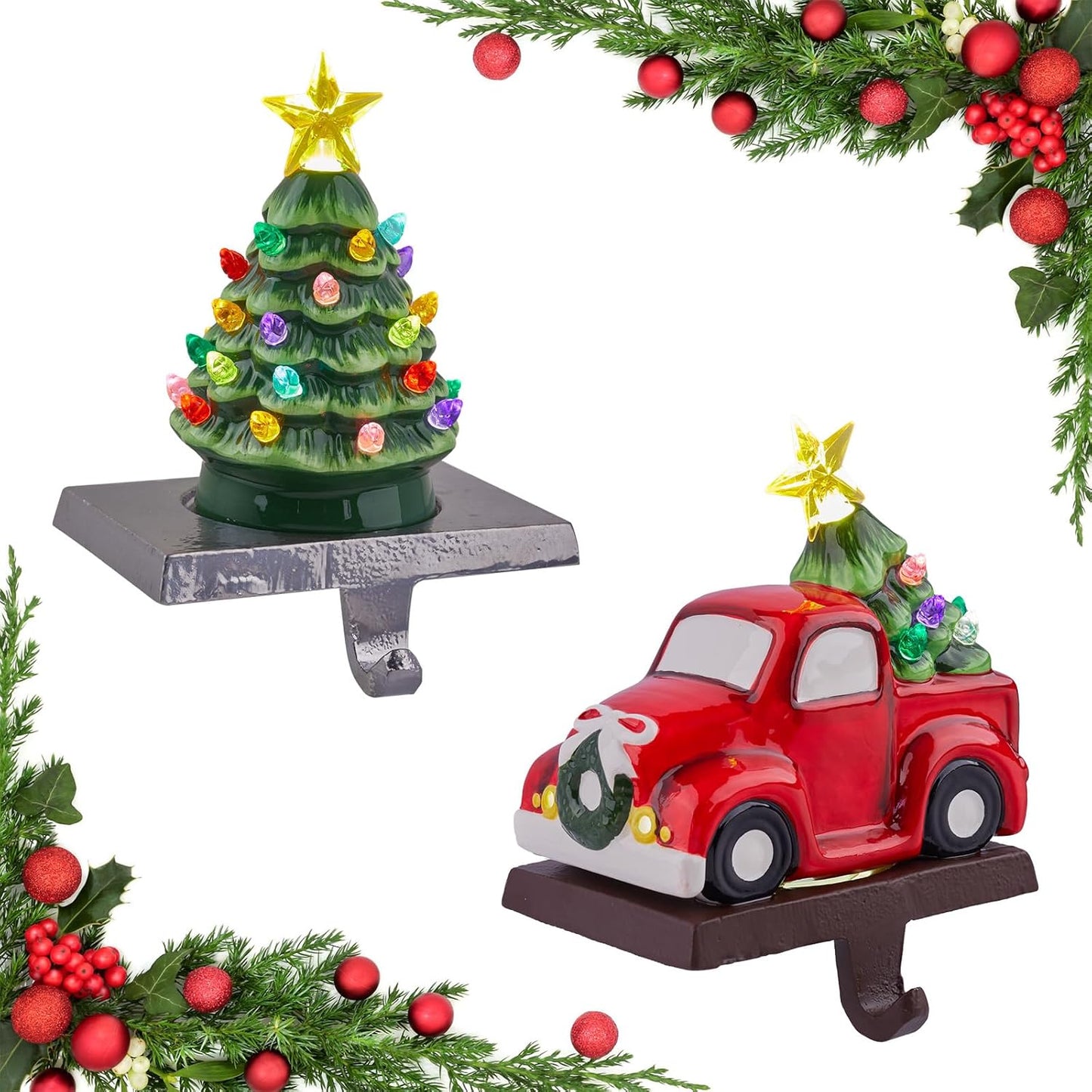 Ceramic Red Car Christmas Stocking Holders with LED Light