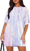 Women's Sequin Crew Neck V Neck Shirt Dress - Reversible Party Mini