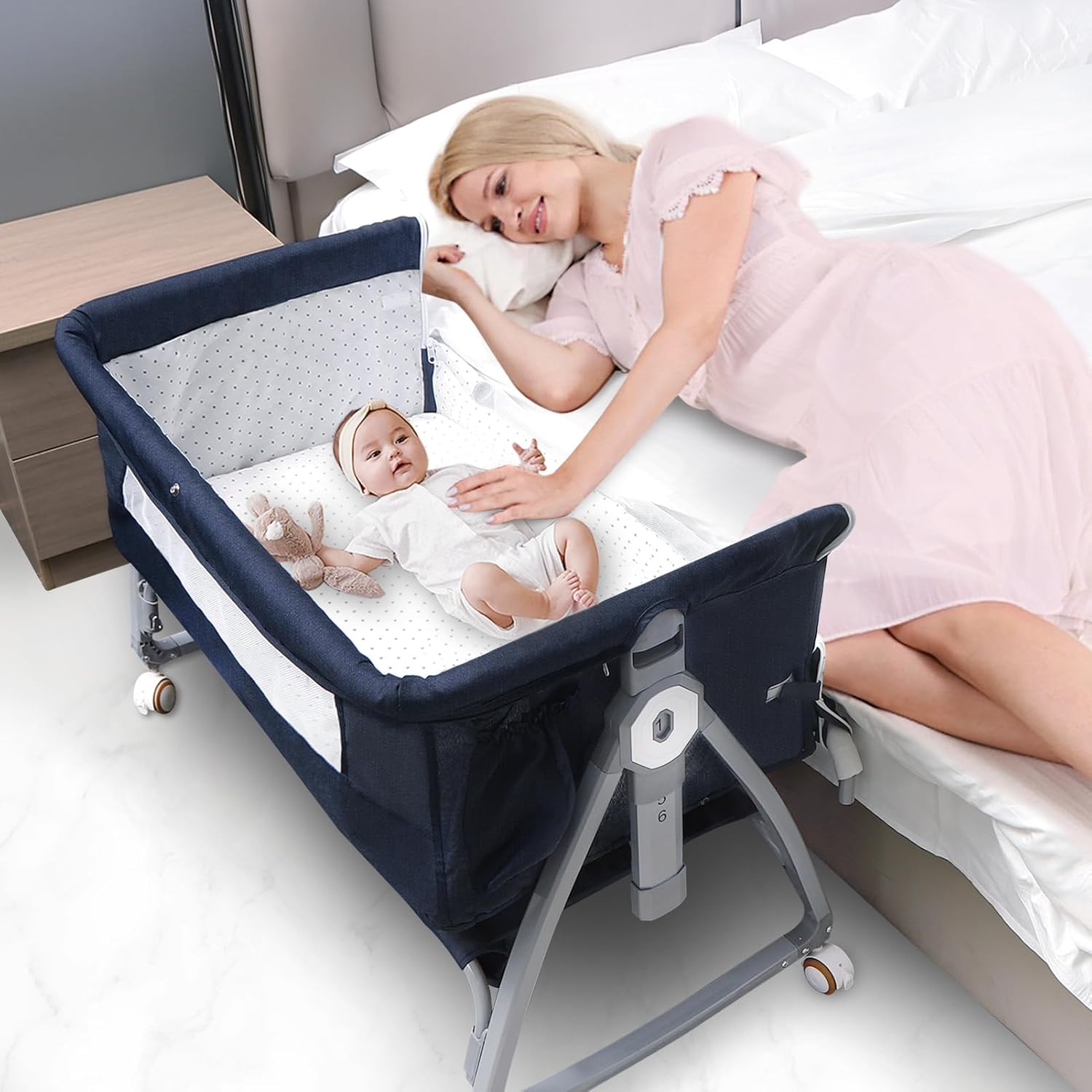 Baby Bedside Bassinet with Adjustable Height and Storage Basket