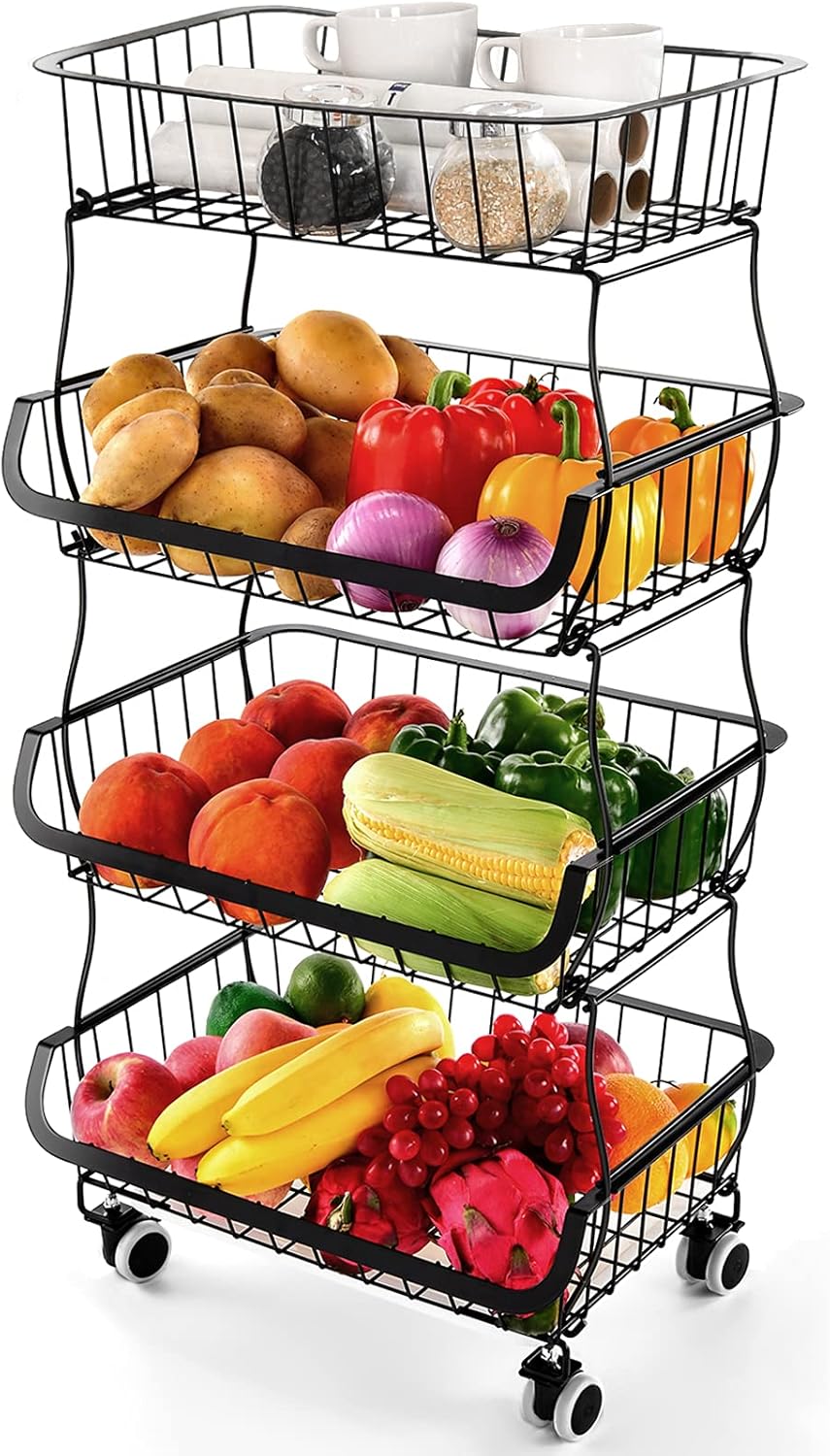 4 Tier Stackable Metal Wire Storage Baskets for Kitchen Use