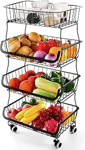 Fruit Vegetable Storage Basket, 4 Tier Stackable Organizer Bins