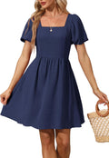 Women Puff Sleeve Square Neck Tie in Back Dress - Adjustable Empire
