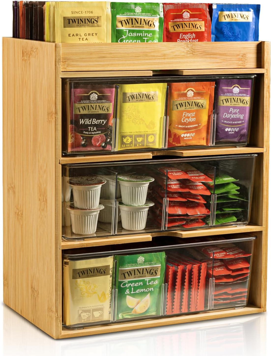 Bamboo Tea Bag Organizer with Drawer for Kitchen and Office