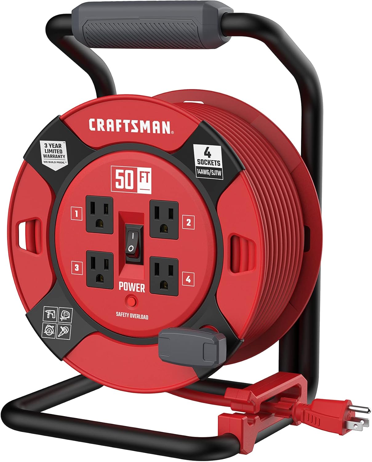 CRAFTSMAN Retractable Extension Cord Reel 50 Ft with 4 Outlets