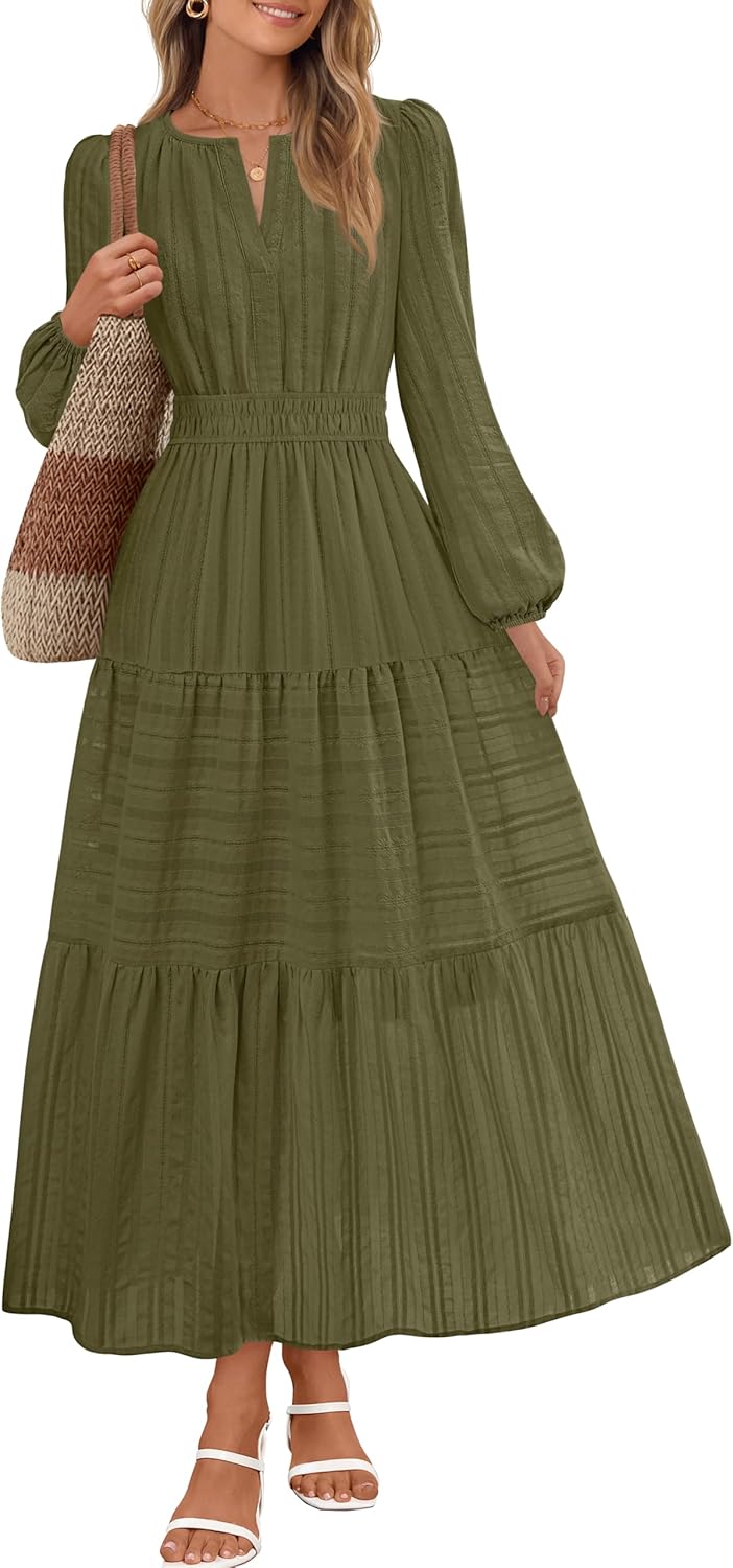 Stylish Long Sleeve Casual V Neck Tiered Cotton Maxi Dress