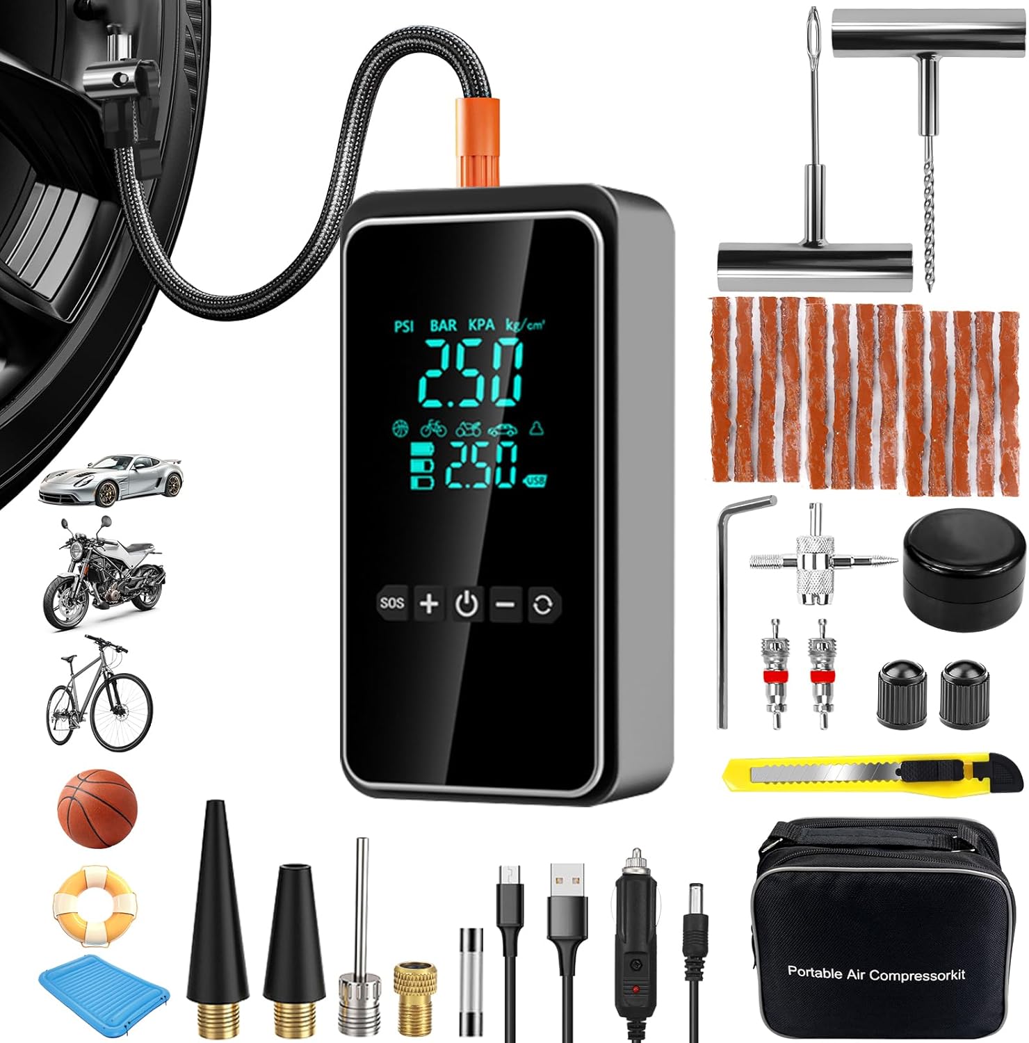 Portable Tire Inflator with Repair Kit for Cars and Bikes