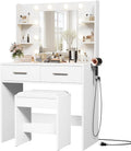 White Vanity Desk with Mirror and Power Outlet - 6 Shelves Storage